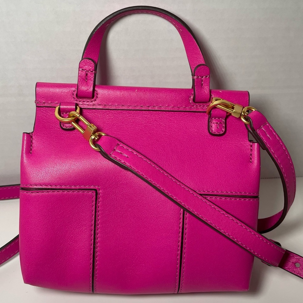 Tory Burch Block T Mini Sachel Crossbody in bright hot azalea pink 7” x 6” - Picture 3 of 10